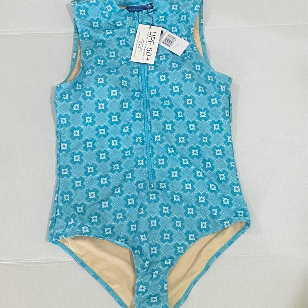 Cabana Life UPF 50 Zip Up Neck One Piece Swimsuit Blue White Floral Women Size M - Picture 5 of 7